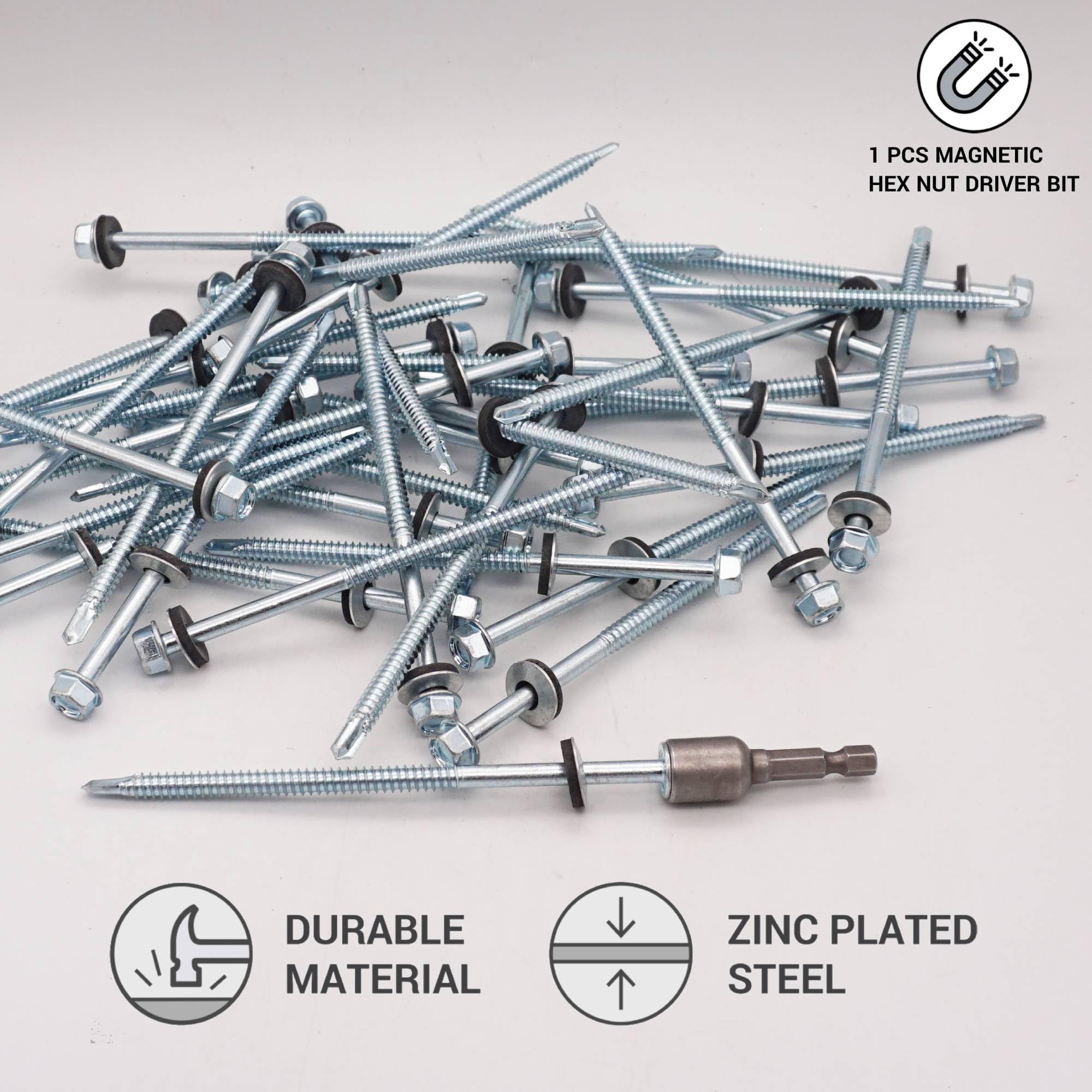 SKIR'CO (10 pcs) Zinc Plated Roofing Screws 6.3 x 130 mm, Hex Head, DIN 7504-K Self-Drilling Screws with EPDM Sealing Washers - Image 3