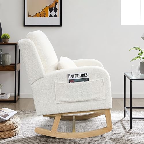 Miniatura 9 de Mecedora para guardería, mecedora tapizada con respaldo alado, mecedora de acento con cómodo respaldo alto, reposabrazos curvado, almohada lumbar