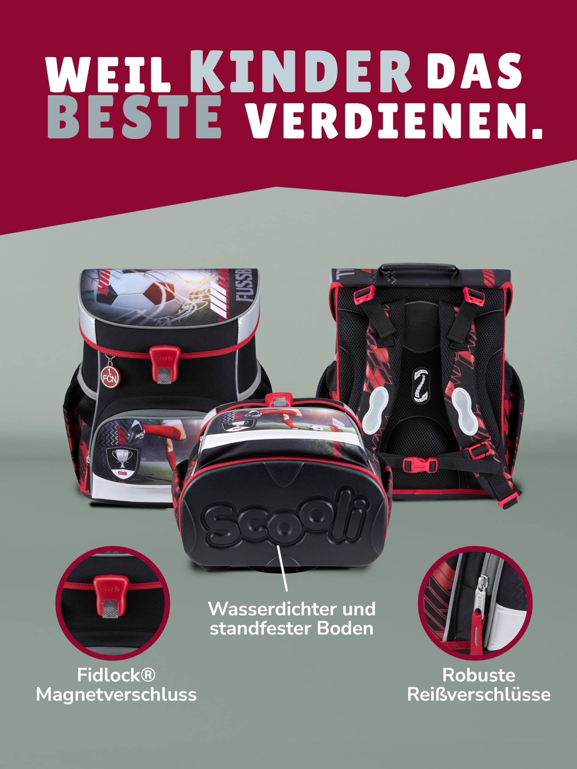 Familando - Scooli Campus Fit Schulranzen Set - 9-teilig mit Sporttasche - 1. FC Nürnberg (1. FCN) - Für Fußball Fans - Ergonomisch & 980g leicht - 18L Volumen - Brustgurt & Reflektoren - ab 1. Klasse