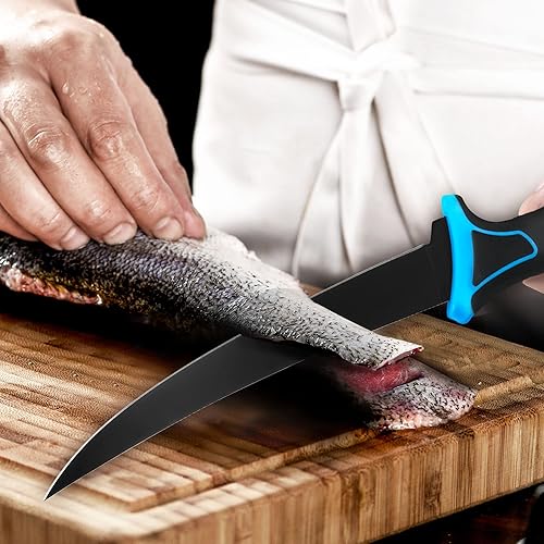 Miniatura 7 de FLISSA Cuchillo de filete y cuchillo de cebo, cuchillo de filete de pescado de 7 pulgadas con funda protectora y cuchilla afilada de acero