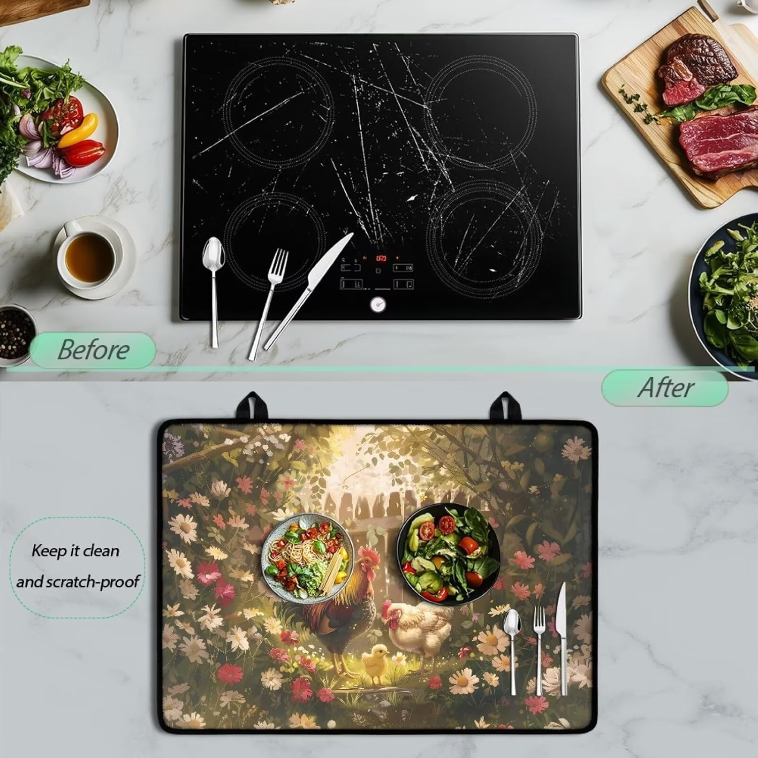 Stove Top Cover for Electric Stove, Chickens Silicone Stove Mat for Glass Top Stove, 20.96 x 29.18 Inch Glass Cooktop Protector Dish Drying Mats Range Covers for Electric Stove