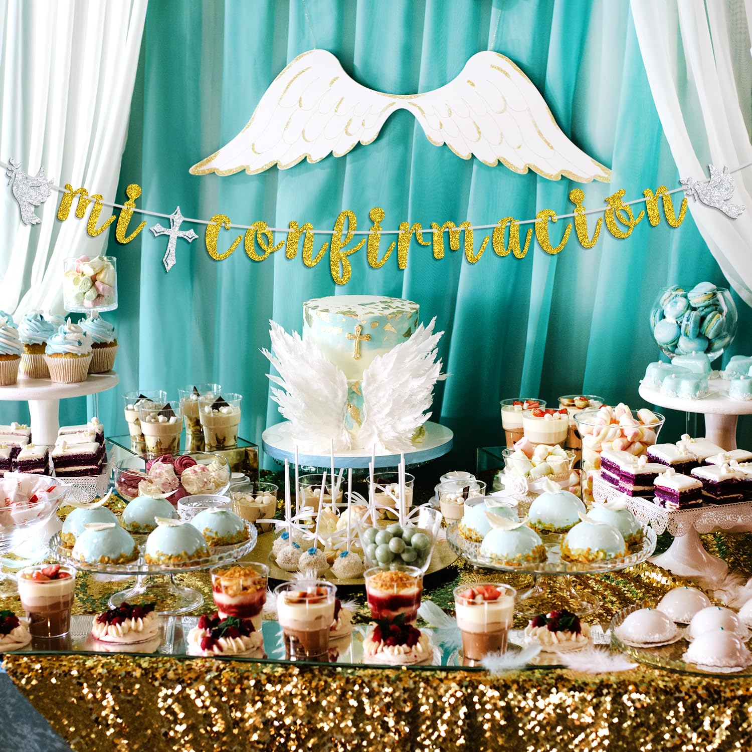 Gold Glitter Banner Gold Glitter Confirmation Banner - Religious Baptism  Christening Party Decor With Pre-Strung Hanging Religious Party Decorations, image size:1500x1500