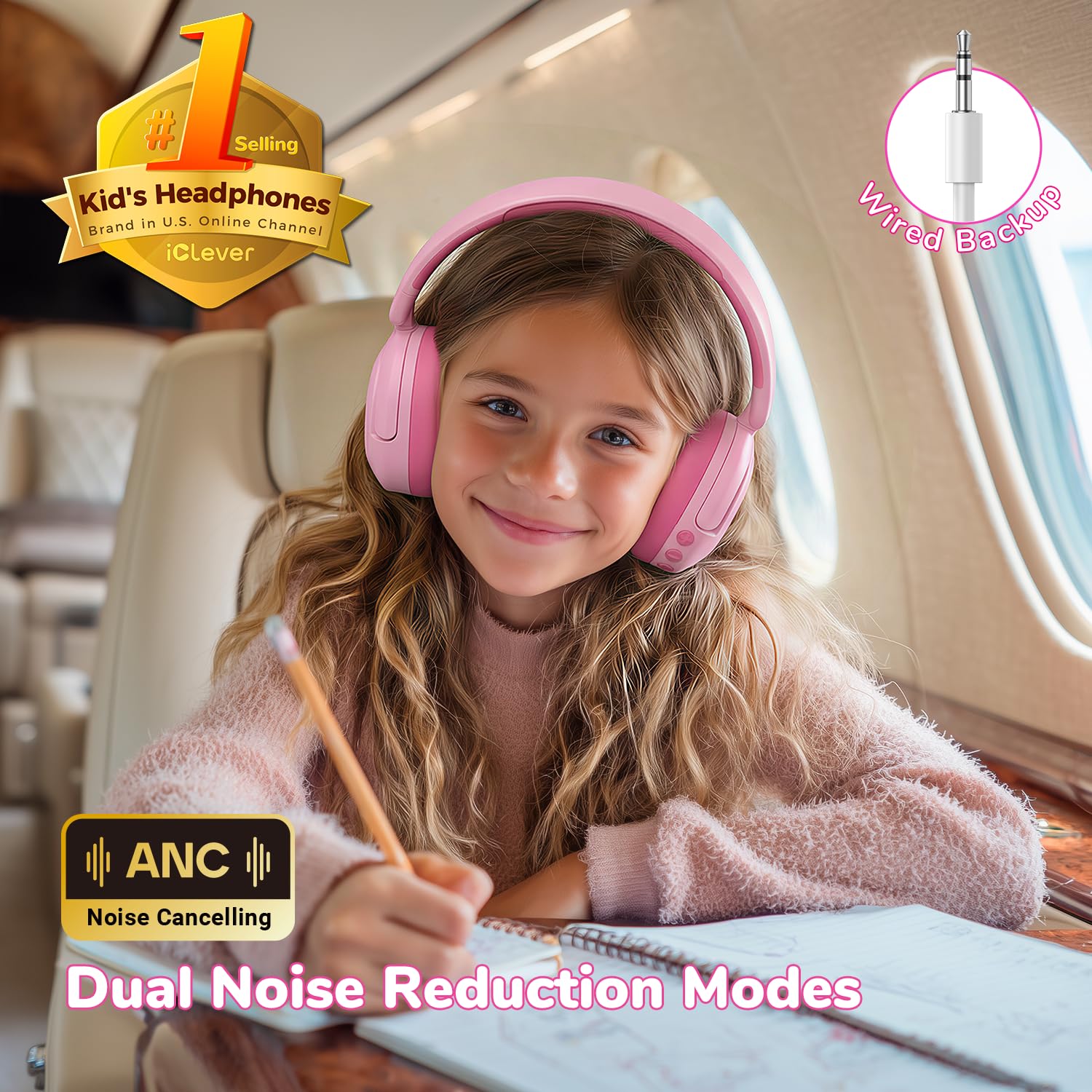 iClever BTH20 Auriculares con cancelación Activa de Ruido para niños, 60 Horas de reproducción, Carga rápida Tipo C, Volumen Seguro de 80 dBA, Bluetooth 5.4, Auriculares inalámbricos para niños