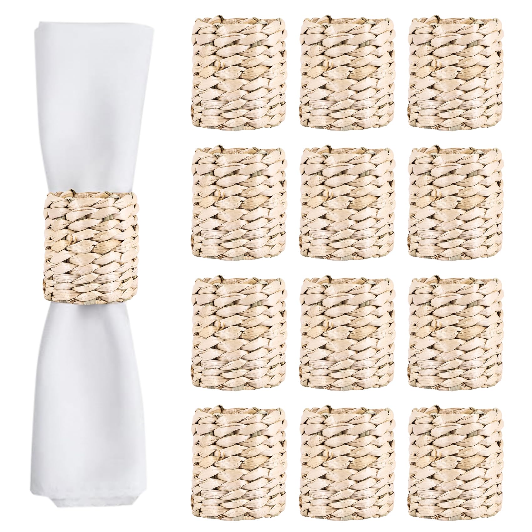 detee 12Pcs Napkin Rings,Water Hyacinth Napkin Holder Rings - Rustic Napkin Rings for Birthday Party, Dinner Table Decoration