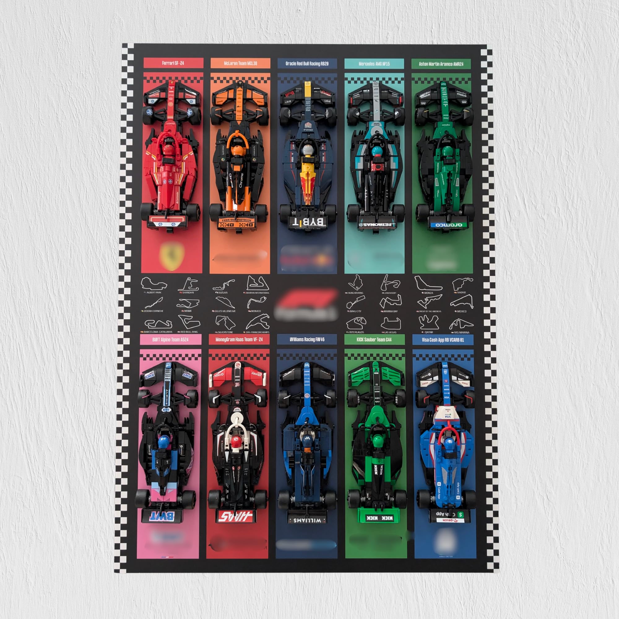 Display Genérico para enmarcar 50 x 70 cm para colección LEGO F1 Speed Champions - Soporte Forex 3 mm - Decoración de pared - Figuras no incluidas