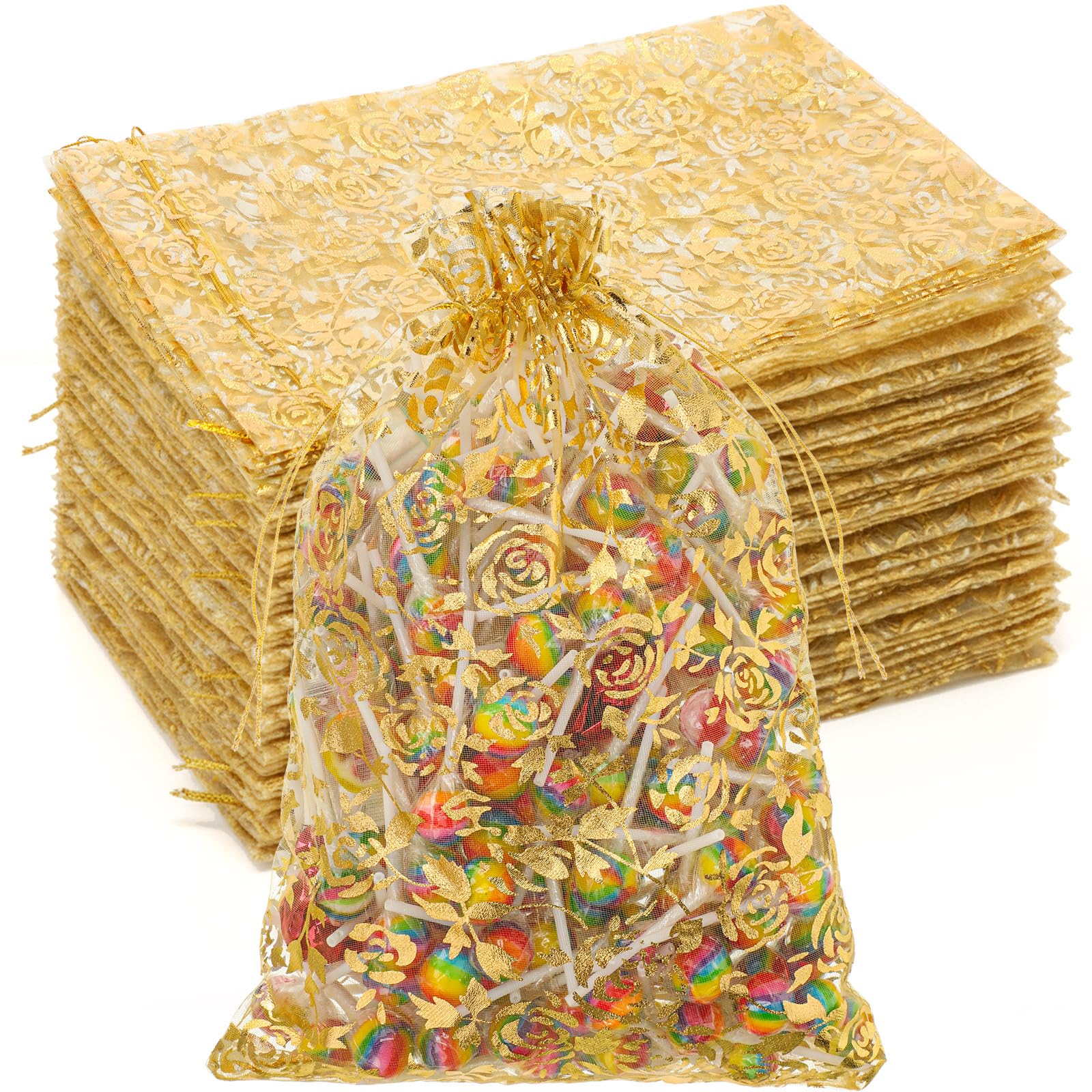 Kigeli 100 Pcs 8 x 12 Inch Large Organza Gift Bags Wedding Party Favor Candy Toys Makeup Pouches Gift Drawstring Jewelry Bag for Wedding Baby Shower Christmas Party Favors(Gold,Rose)