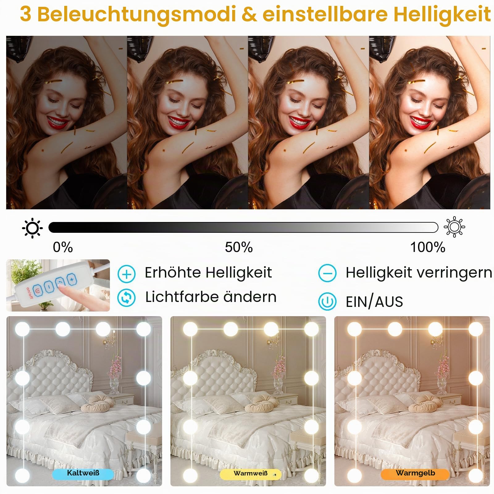 Schminktisch mit Beleuchtung, Einstellbarer Helligkeit, Make Up Tisch mit Schiebespiegel, Kosmetiktisch mit 6 Schubladen und 6 Regalen, Frisiertisch mit Hocker Schwarz 36x80x131cm, H010630