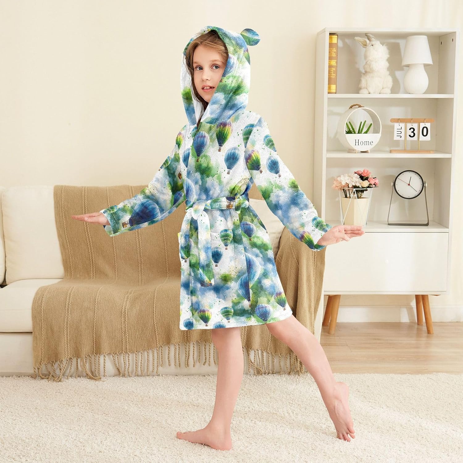 senya Hot Air Balloon Green Toddler Hooded Bathrobe Kids Soft Plush Bath Towel Robes for Boys Girls 2-12 Years