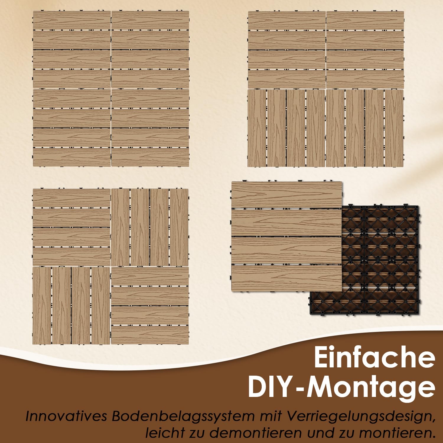 Piastrelle per terrazze in WPC, 30 x 30 cm, 22 pezzi, per balconi da 2 m², resistenti alle intemperie, sistema a clic, impermeabili, per terrazze, esterni, teak