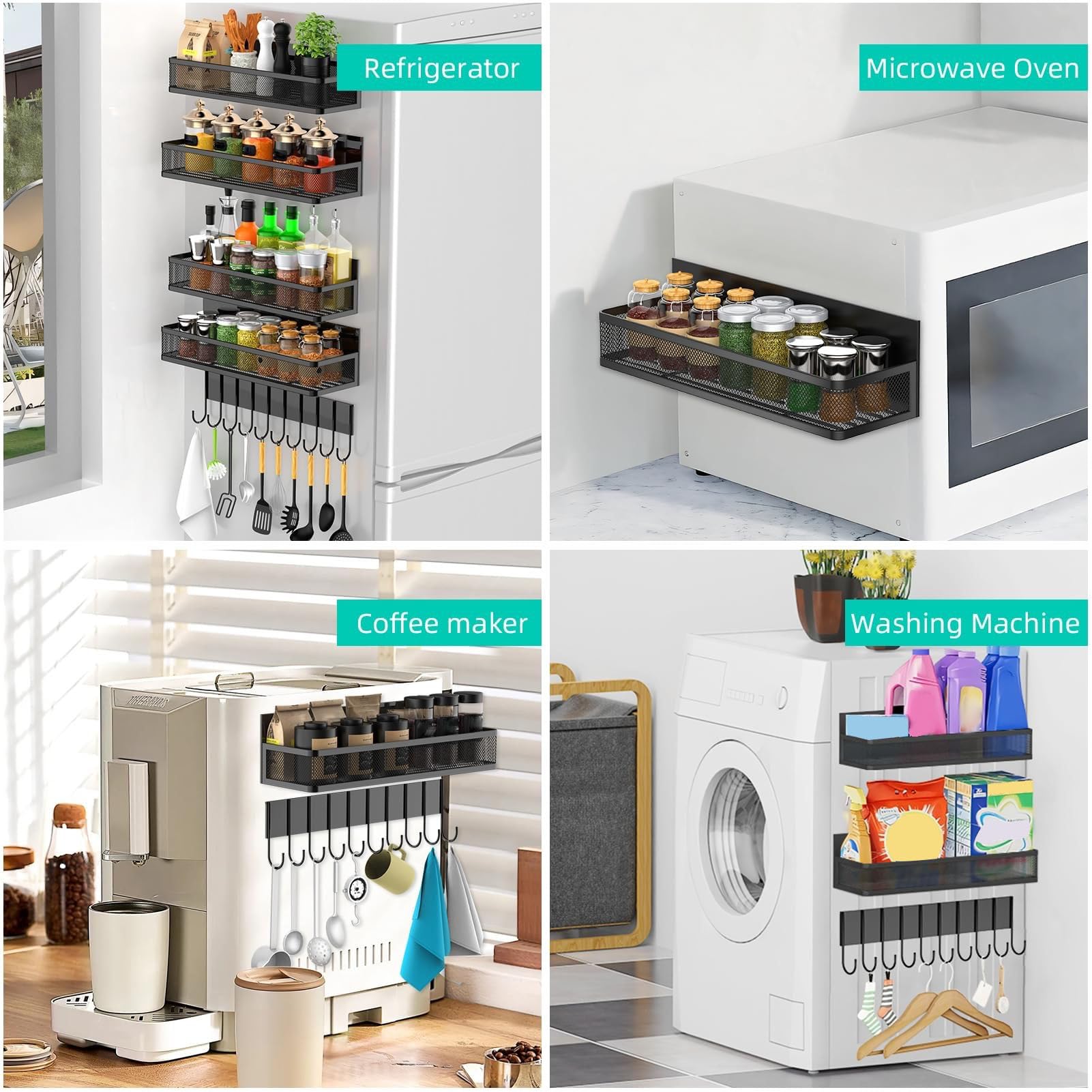 banapoy Estante Magnético para Refrigerador, Organizador de Estante de Almacenamiento de Metal, Estantes Magnéticos de Cocina con 2 Estantes y Gancho para Frigorífico, Microondas, Horno, Lavadora