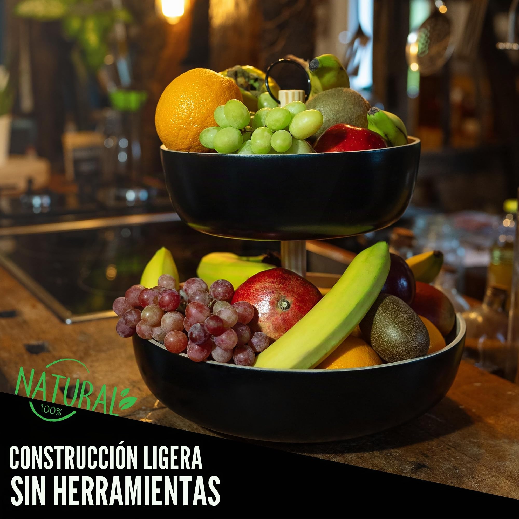 Tiali Frutero de bambú de 2 pisos – Madera para mucho espacio de almacenamiento – Cesta de fruta blanca de bambú natural para frutas frescas – Fruit Basket – Frutero moderno para toda la familia