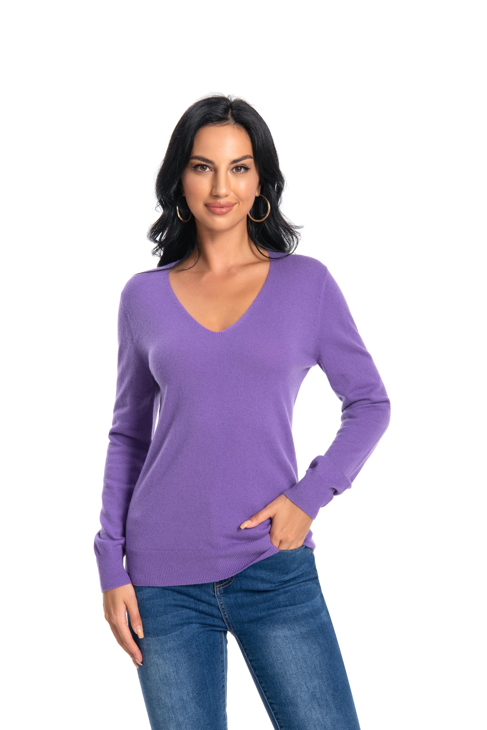 WOSICA Women‘s 100% Cashmere V-Neck Long Sleeve Pullover(Purple M)