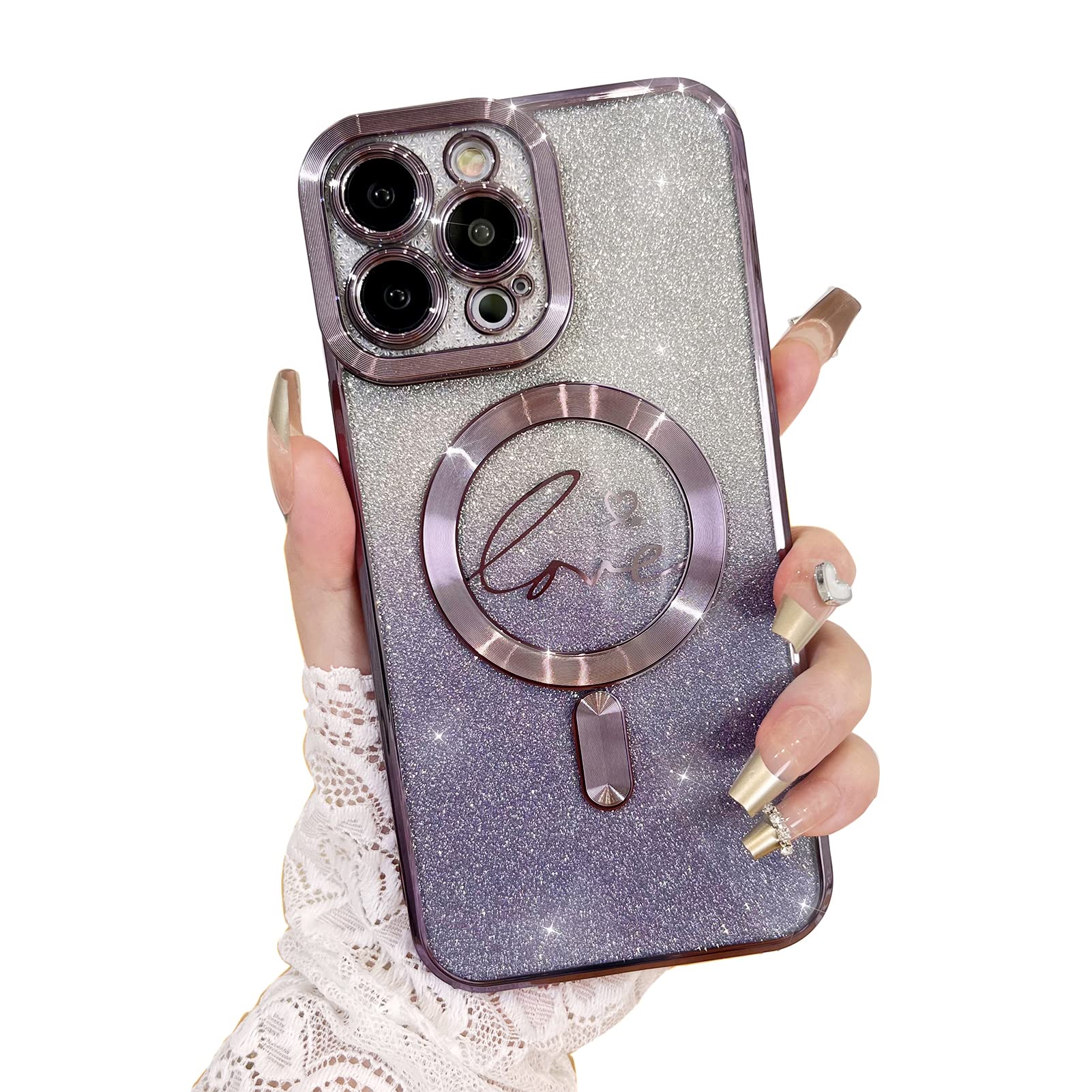 Fiyart Compatible with iPhone 13 Pro Max Case,Compatible with MagSafe Love Heart Plating Camera Protection TPU Magnetic Glitter for Women Girls Shockproof Phone Bumper 6.7"-Purple