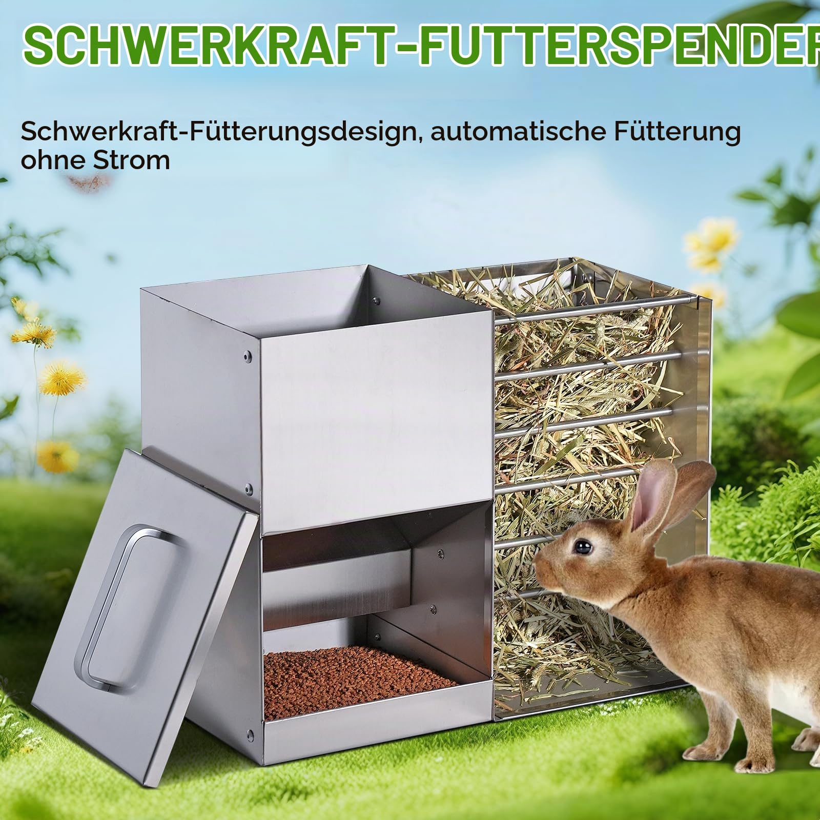 2 in 1 Heuraufe Kaninchen Edelstahl Futterspender Heu Kaninchen mit Katzentoilette Wasserflasche Futternäpfe für Hamster Edelstahl Hasenfutterautomat Heuhaltergestell für kleine Haustiere