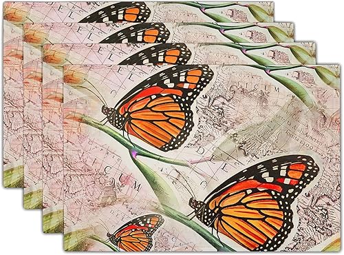 Juego de 4 manteles individuales con diseño de mariposa sin costuras, diseño vintage del mapa del mundo, mantel individual rectangular tejido de