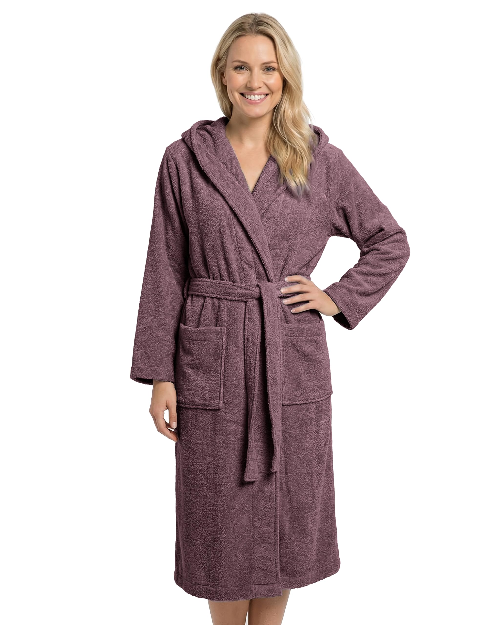 LAYNENBURG Bademantel Damen Frottee aus 100% Baumwolle – OEKO TEX Standard – weicher Morgenmantel langmit Kapuze, Bindegürtel und aufgesetzten Taschen – ideal für Sauna & Zuhause (S-XXXL)