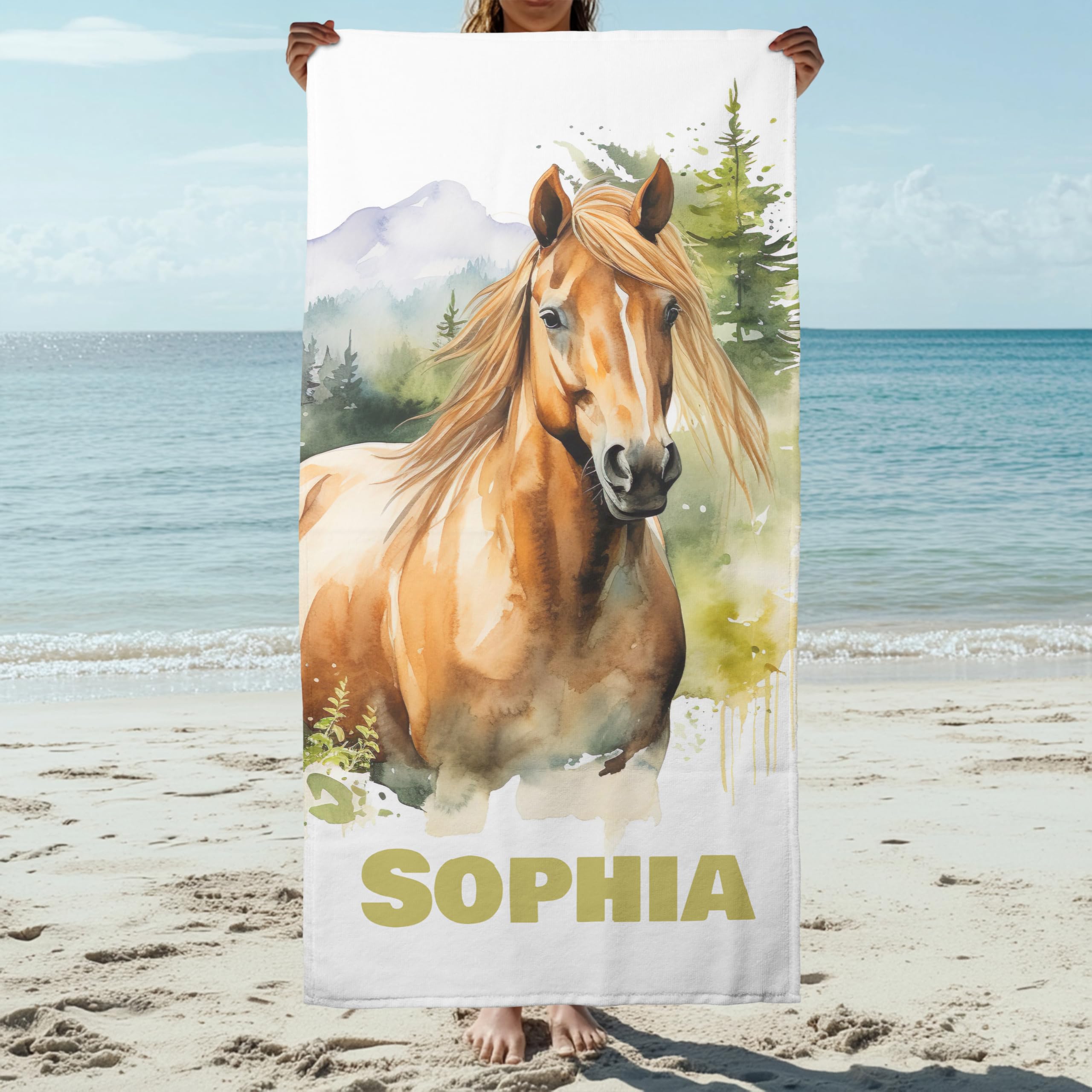Handtuch mit Namen „Pferd Watercolor“ – Einzigartiges, bedrucktes Handtuch als persönliches Geschenk - Personalisierte Geschenke mit Pferd für Pferdeliebhaber (Pferd Watercolor, 70 x 140 cm)