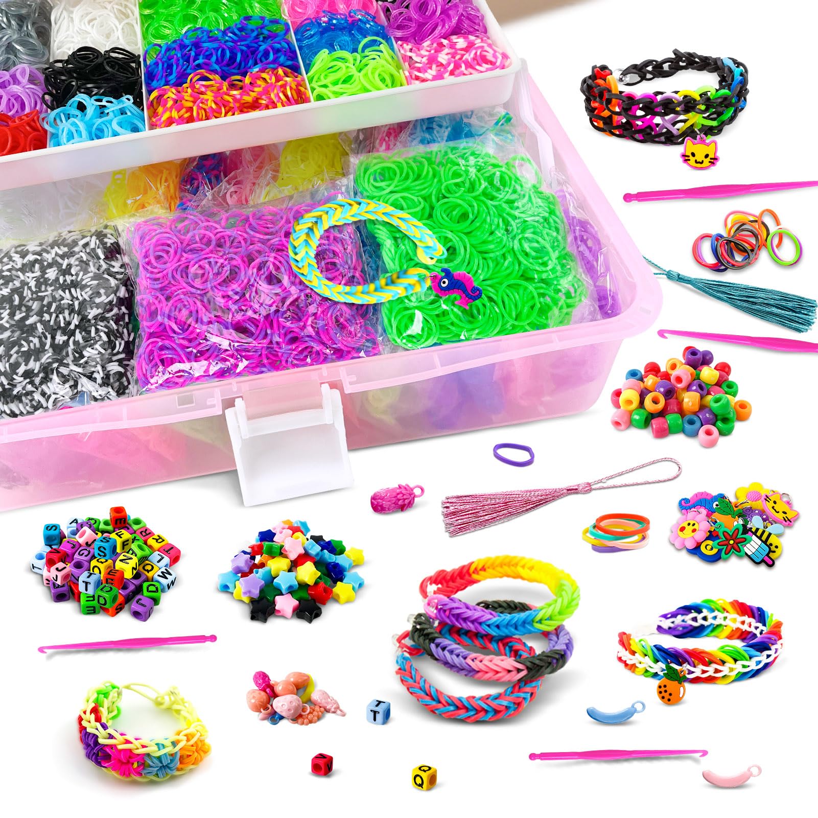 ROSHUKG 14500 Gomas para Hacer Pulseras, Kit para Hacer Pulseras de Goma de Colores con Recipiente de 3 Capas para Niñas Niños(Rosa)