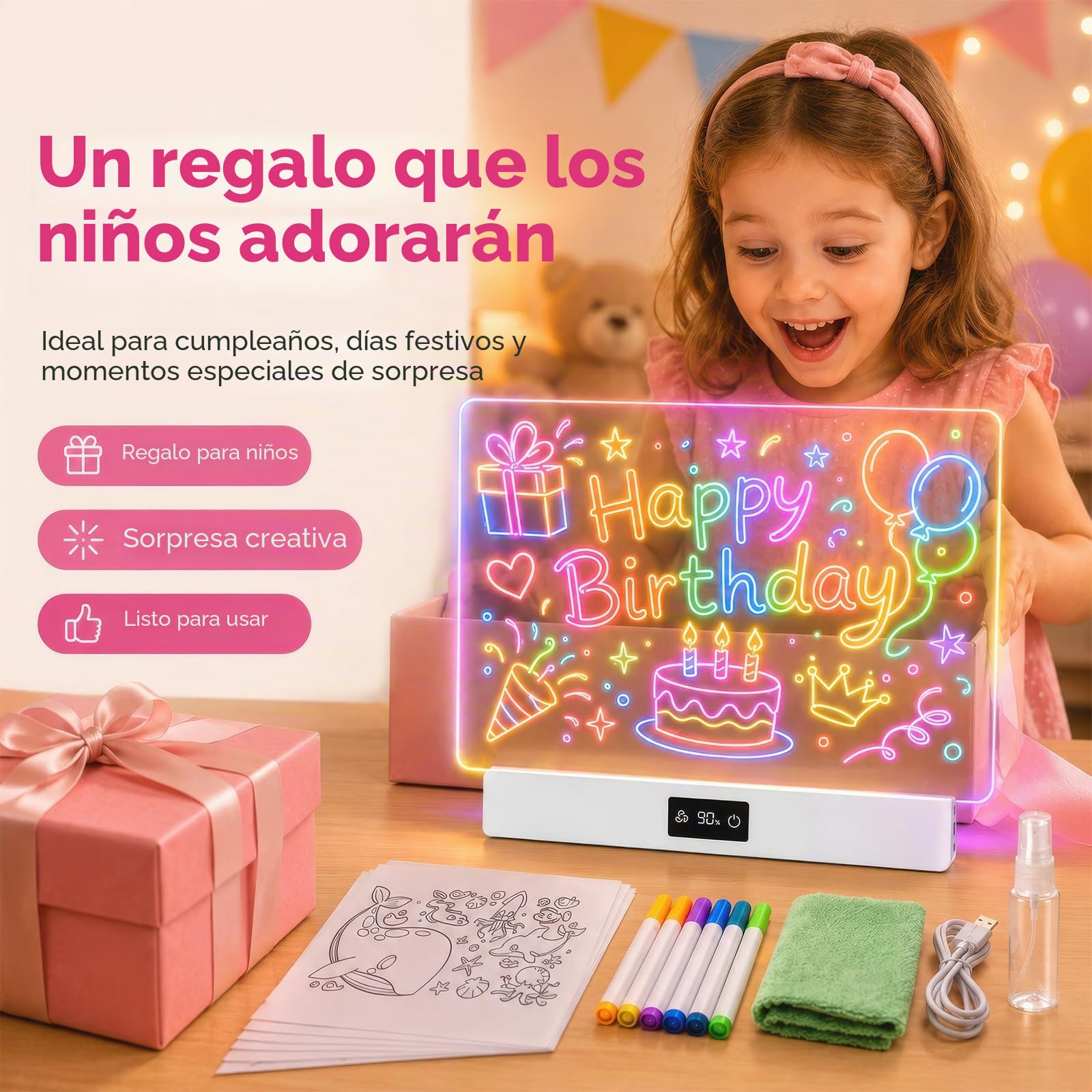 OUTON Pizarra LED para Dibujar Niños con 8 Colores y 3 Modos de Luz | Pizarra Luminosa Reutilizable con 7 Rotuladores y Plantillas, Juguete Creativo para Niña y Niño, USB-C