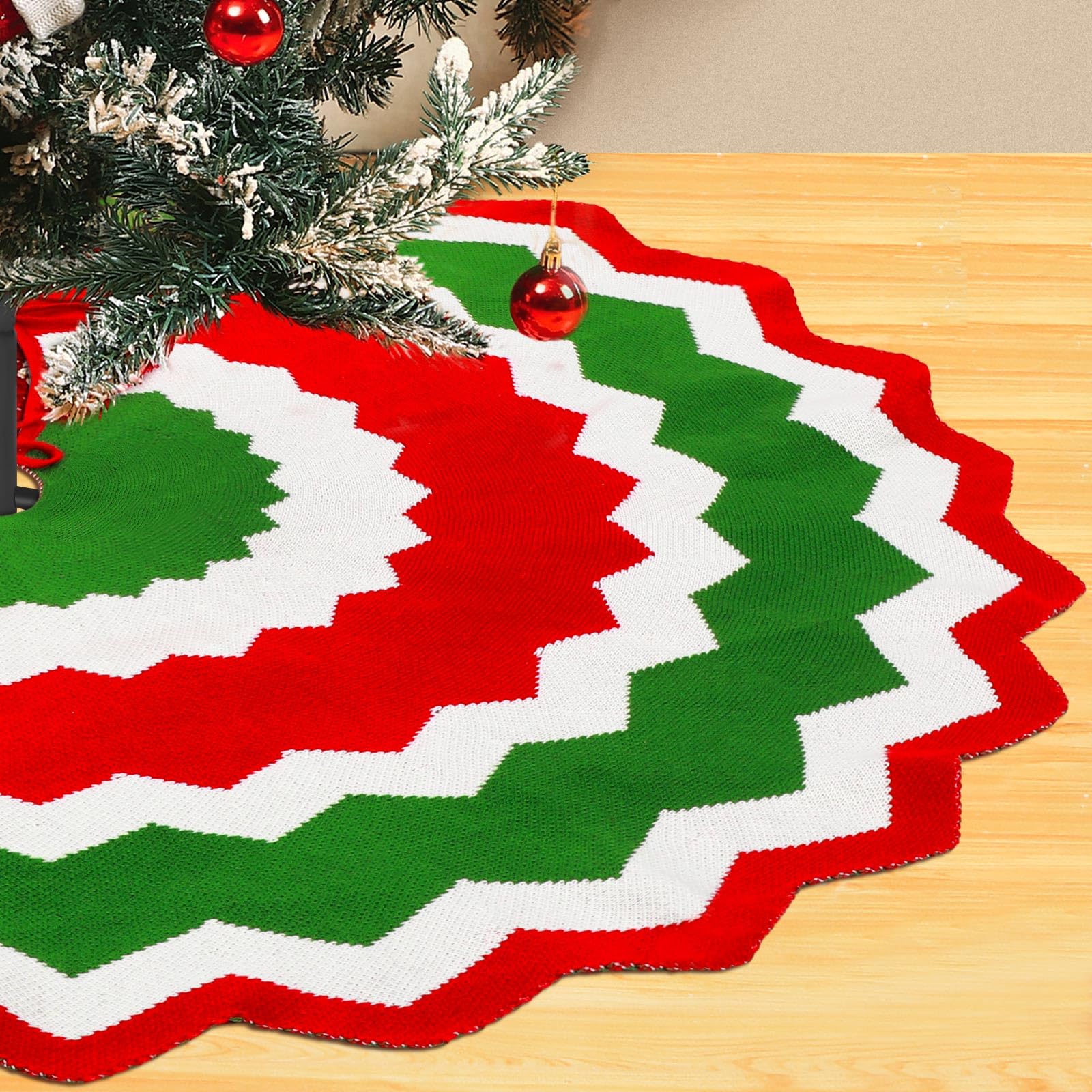 Rotatingpals 48 Inch Knitted Christmas Tree Skirt Red White Green Knit Crochet Large Tree Skirt Rustic Candy Stripe Snowflake Pattern Double Sided Mat for Holiday Merry Xmas Party Farmhouse Home Decor