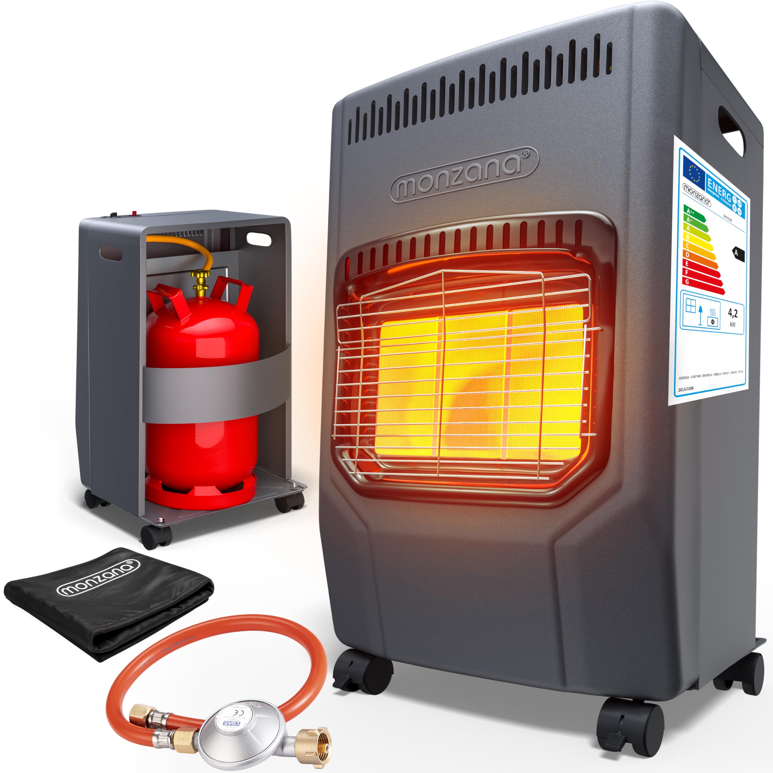 MONZANA® Gasheizung GH4500 Innenräume 4200W Gasofen 3 Heizstufen inkl. 50cm Gasschlauch Gasdruckregler Keramikheizplatten Camping Gasheizofen mobil