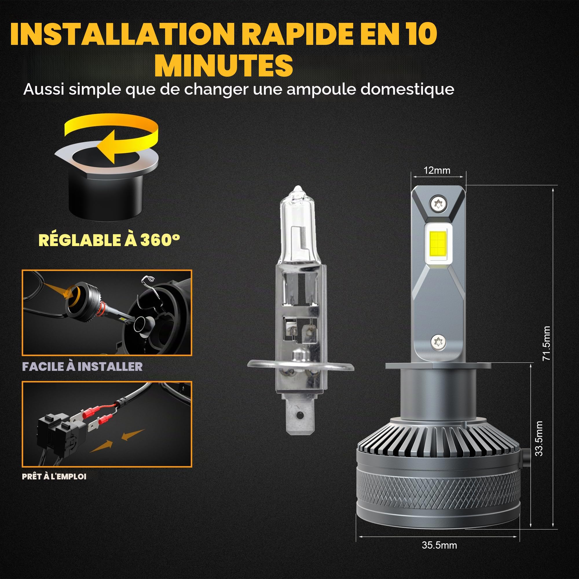 Ampoules H1 LED 36000LM, BEAMFLY Phares Avant de Voitures, 110W Très Puissant, 6000K Blanc