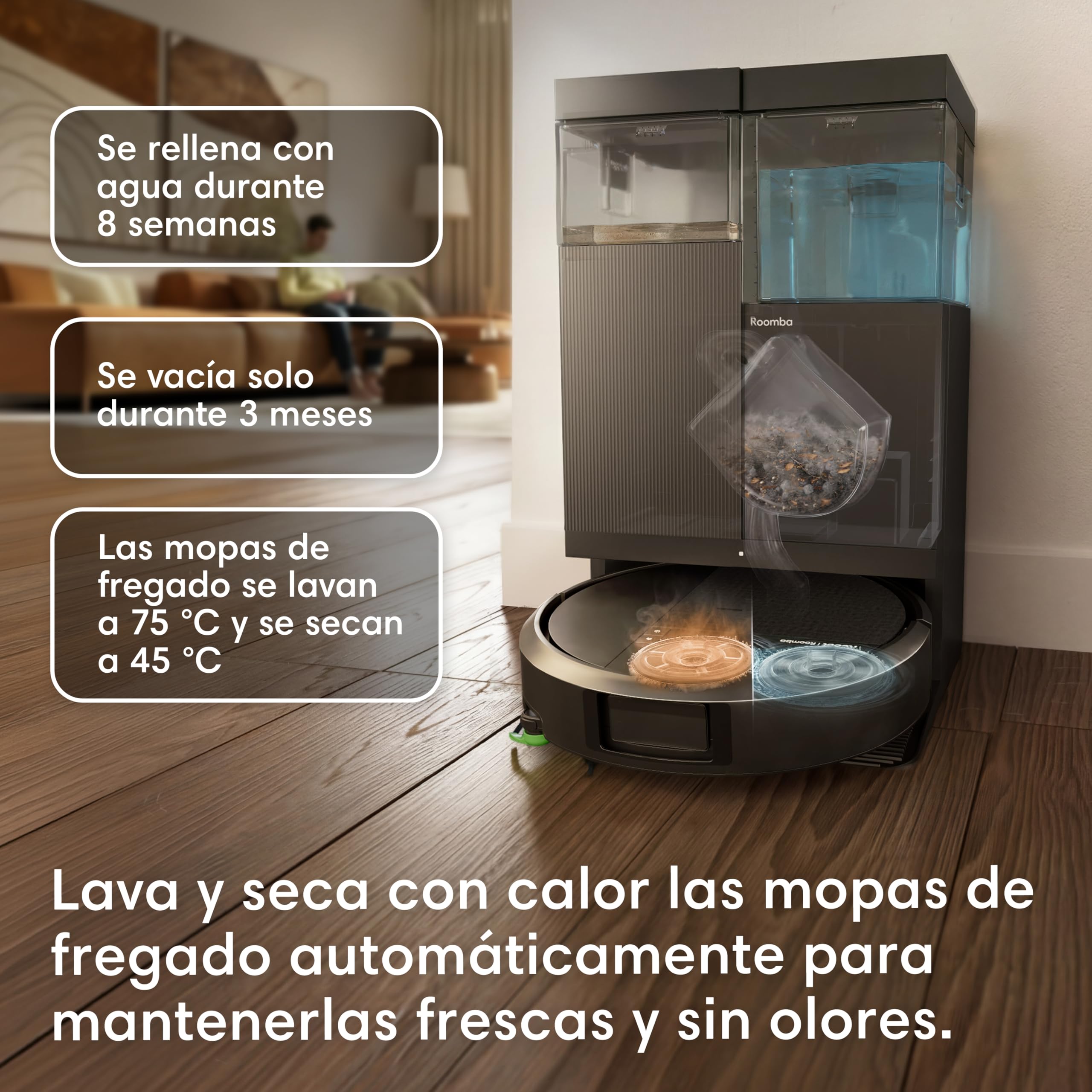 iRobot Roomba Plus 516 Combo Base AutoWash multifunción autolimpiable, 22KPa, Mopas DualClean Elevables y Extensible, Lava 75º, Seca 45º, Clearview LiDAR, Autonomía 90 Días, Accesorios Extra, Negro