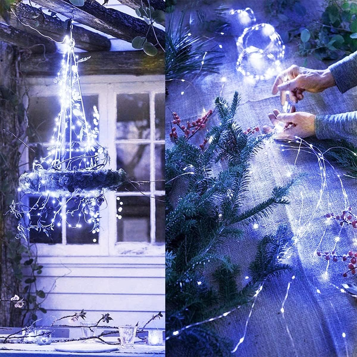 2 Pack 220 LED Firefly Bunch Lights Battery Operated, 8 Flashing Modes Waterproof Waterfall Watering Can Vine Lights, Remote Controlled Timer and Hooks, Fairy Lights for Indoor Outdoor Decor (White)