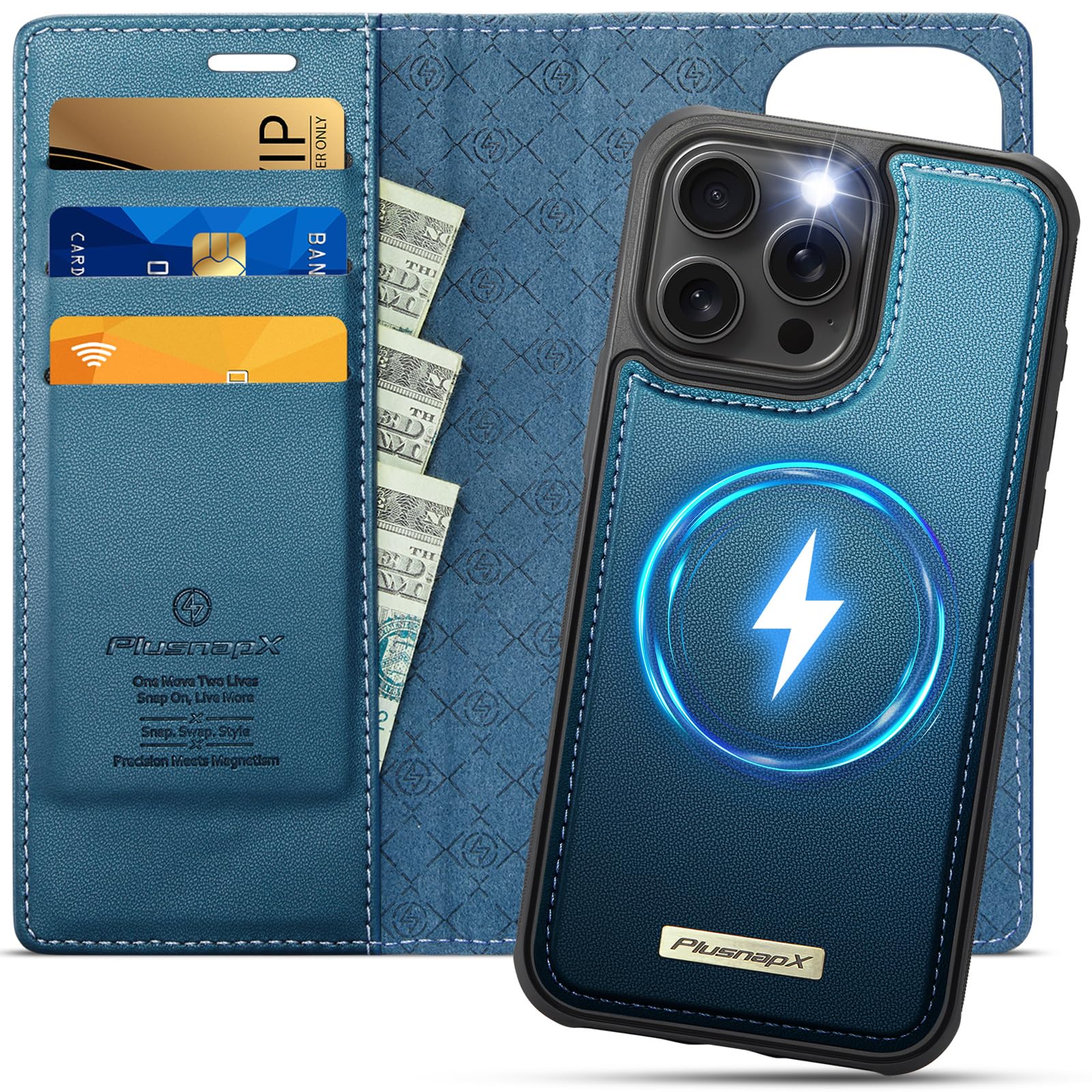Custodia a portafoglio staccabile per iPhone 16 Pro 2 in 1, blu | Compatibile con Magsafe, magnetico, porta carte di credito con blocco RFID, antiurto, cavalletto, ricarica wireless