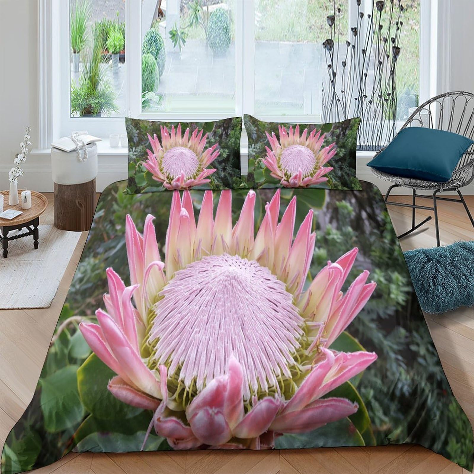 Ctjqhvkz Style-2 3D Printed Pink Protea Flower Fitted Sheet Microfiber Soft Bed Cover Bedroom Decor Dustproof Easy Care Single（135X200cm）