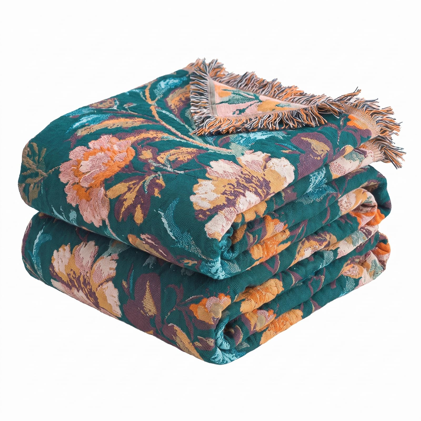 Manta de muselina de 200 x 230 cm, 100% algodón, jacquard bohemio, con flecos, diseño floral, manta de muselina para adultos como manta de sofá y colcha para sofá y cama