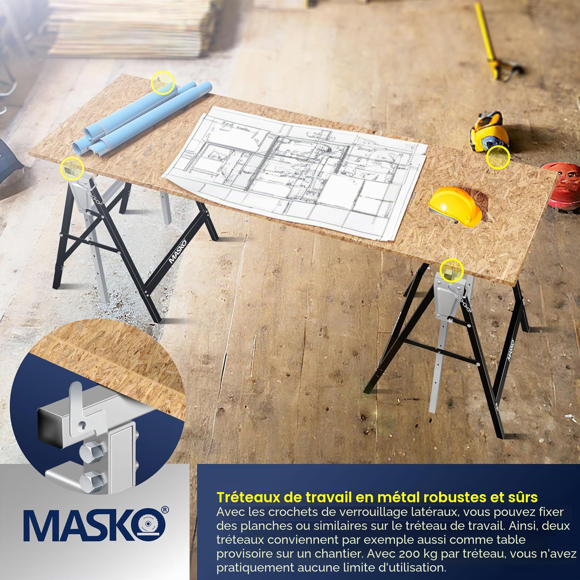 MASKO® Lot de 4 tréteaux de travail télescopiques - Charge maximale : 200 kg - Hauteur de travail min/max : 800-1300 mm - Avec gants - Noir