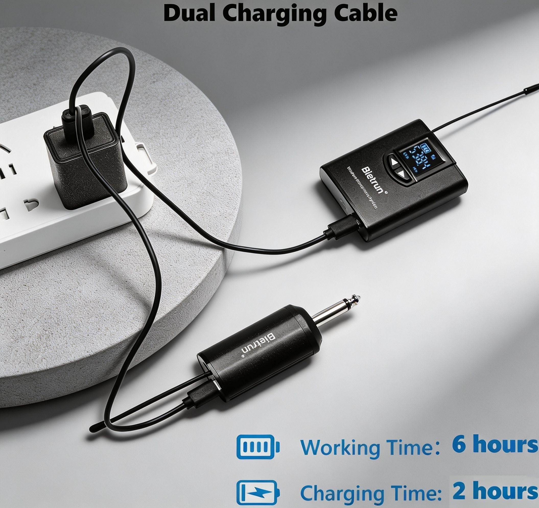 Bietrun UHF Wireless Lavalier Lapel Microphone System/Cuffia/Microfono con supporto, portata 165 piedi, trasmettitore ricevitore ricaricabile, uscita da 1/4", per iPhone, Android, altoparlante PA