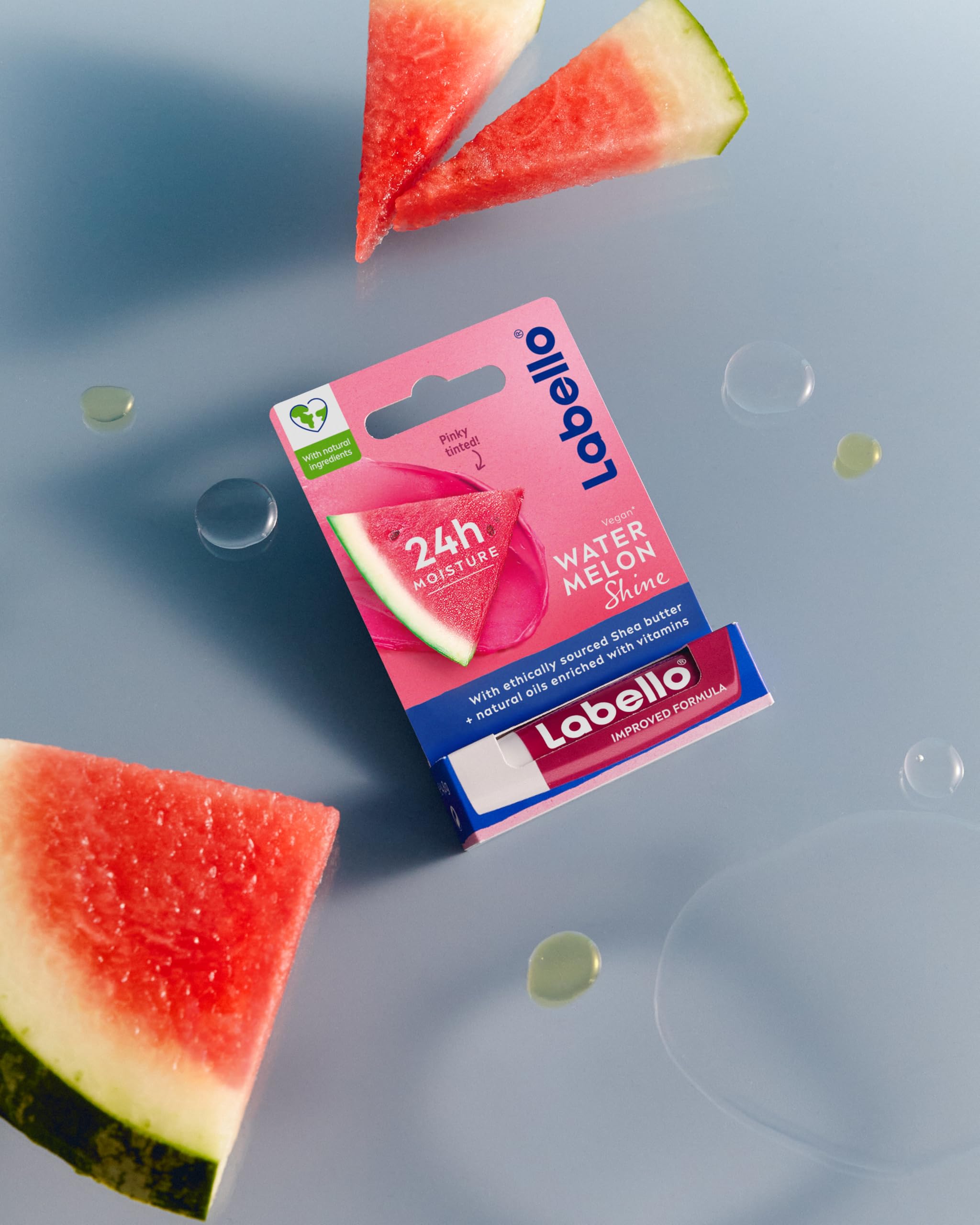 Labello Watermelon Shine Burrocacao labbra 4.8 g, Balsamo labbra colorato e nutriente all'aroma di Anguria con pigmenti scintillanti, Lip balm idratante per 24 ore con ingredienti di origine naturale