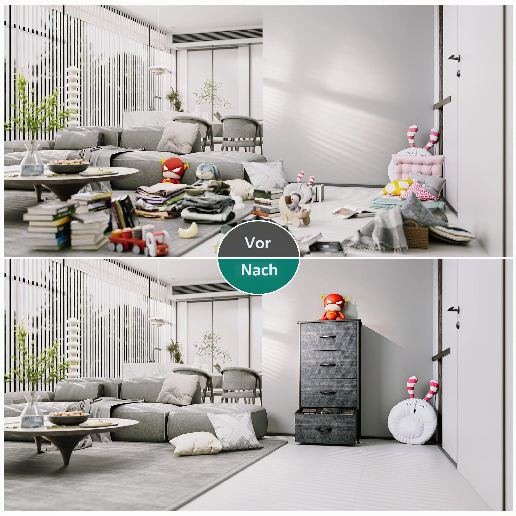YITAHOME Kommode, 4 Stoffschubladen mit Griffen, Aufbewahrungsschrank, Schubladenschrank, Schrank, Metallgestell, stoffkommode für Schlafzimmer, für Wohnzimmer, Flur, Büro, Schwarze Holzmaserung