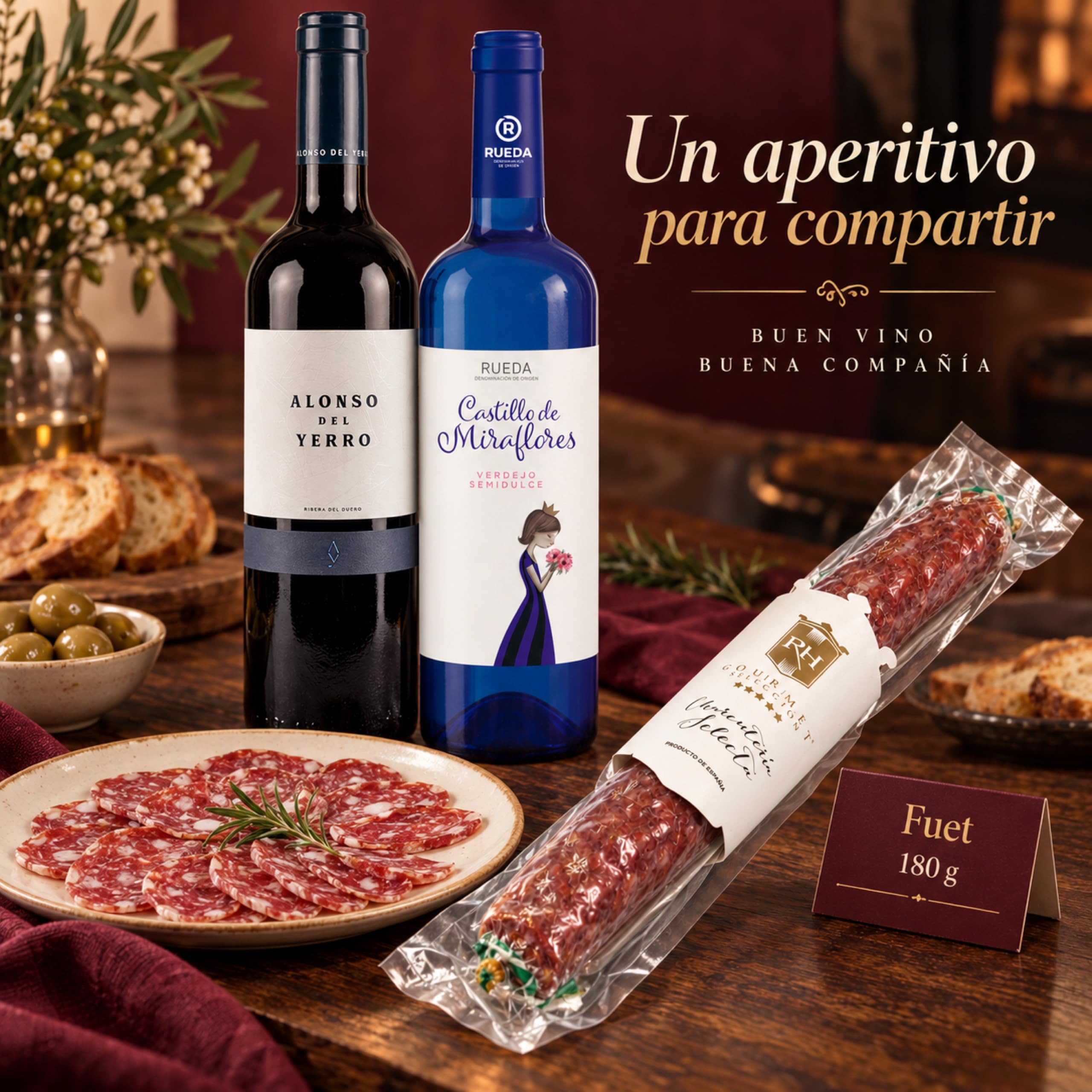 Cesta gourmet Navidad Alonso del Yerro y Castillo de Miraflores con fuet ibérico de bellota 180 g RH Gourmet, pack de 2 botellas 75 cl