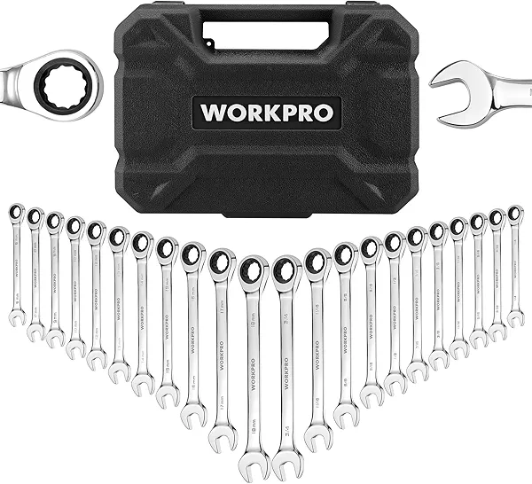 WORKPRO 22-Piece Ratcheting Combination Wrench Set, 72 Teeth, Combo Ratchet Wrenches Set with Organizer Box, Metric 6-18mm & SAE 1/4-3/4" Regular & Polished