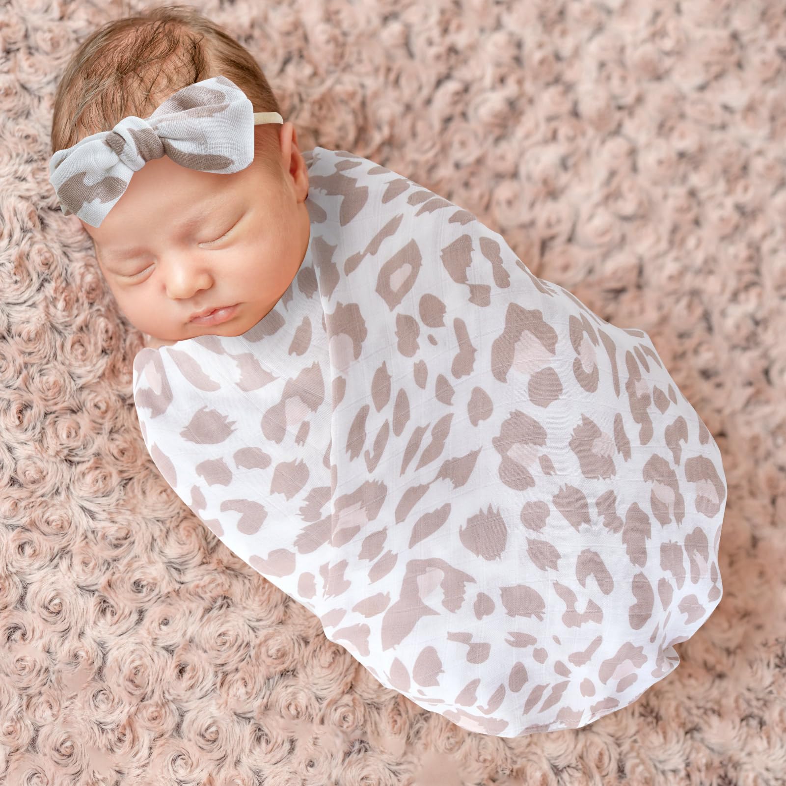CAIKEZI LifeTree - Coperta in mussola per neonati, con fascia e fiocco, stampa leopardata, per bambini
