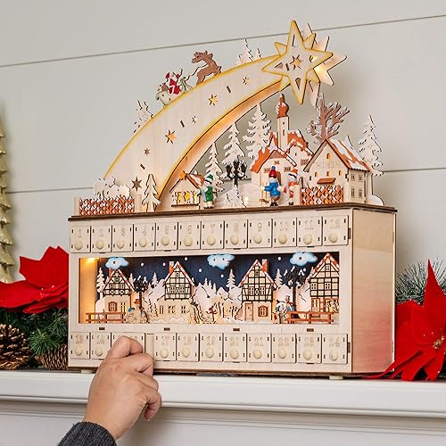 Miniatura 3 de Best Choice Products Calendario de Adviento de Navidad de madera, decoración navideña de estrella fugaz con fondo de luz LED a pilas
