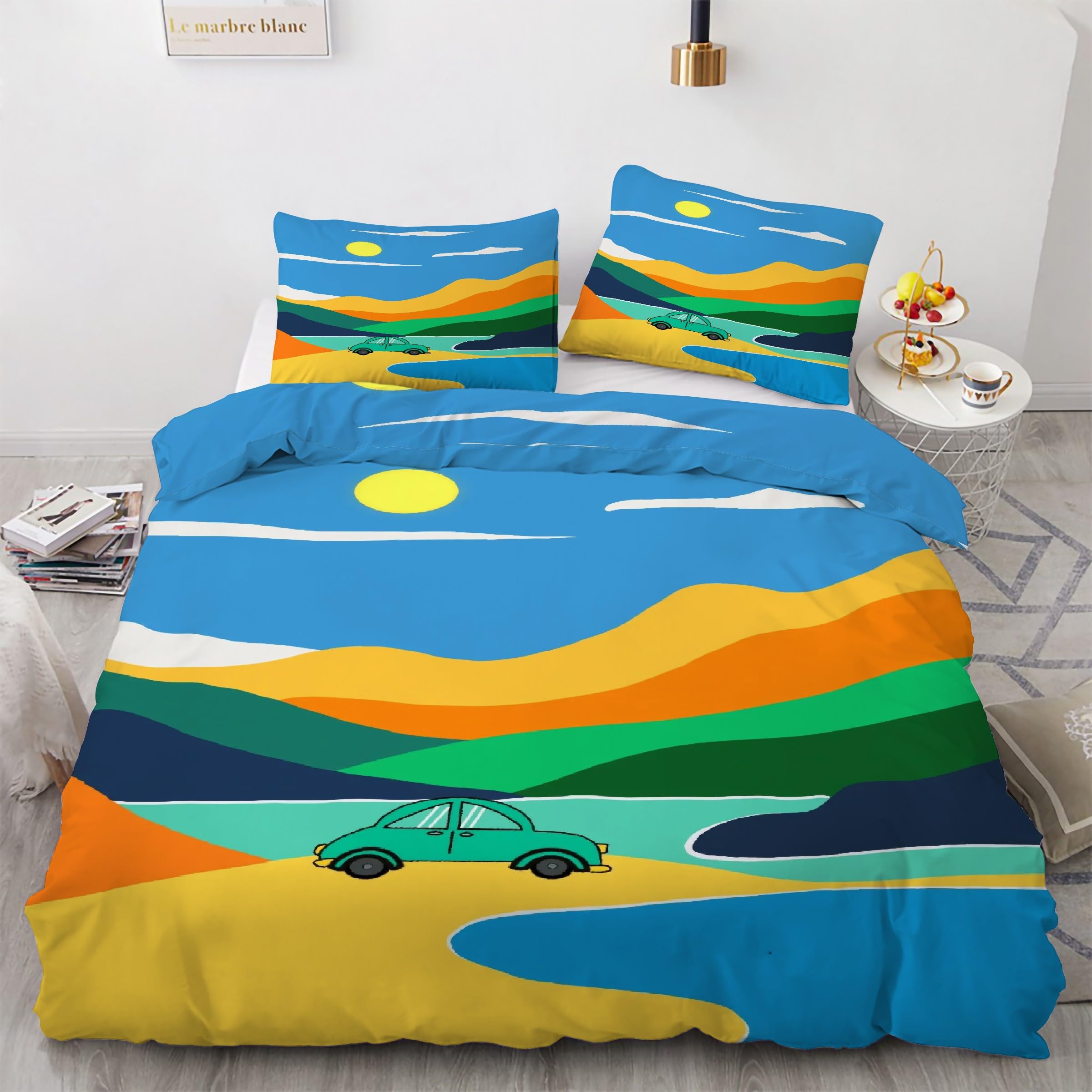 Housse de couette 200x200 montagnes parure de lit peinture 3 pièces microfibre