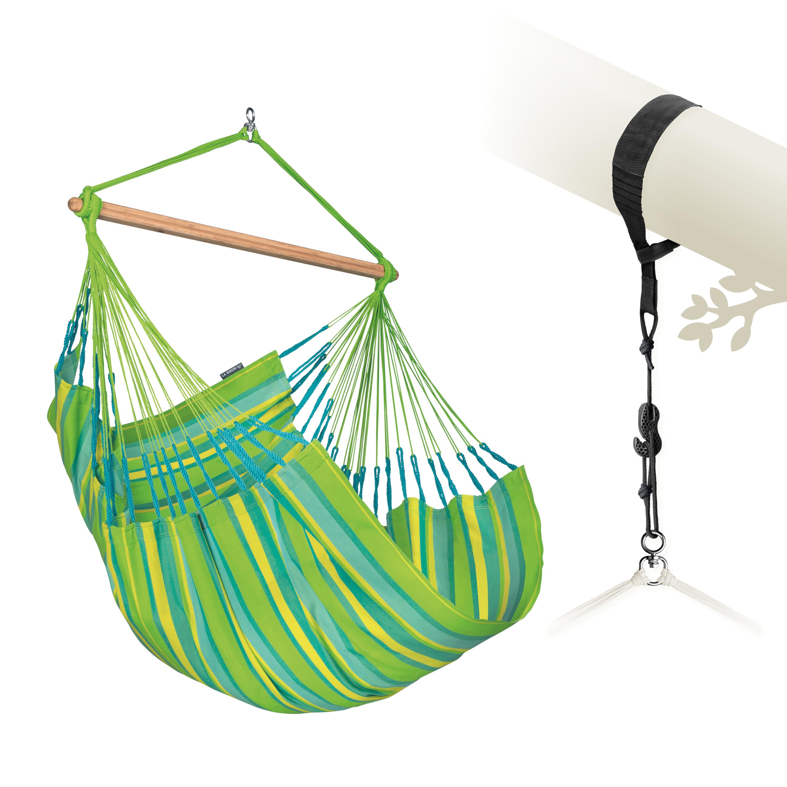 LA SIESTA® Large Comfort Domingo Hammock Chair Swing &amp; Tree Mount Kit - Suspension Kit for Trees Beams Posts - Weatherproof, Outdoor Indoor Hammock Swing - Hanging Chair for Bedroom Patio - Lime