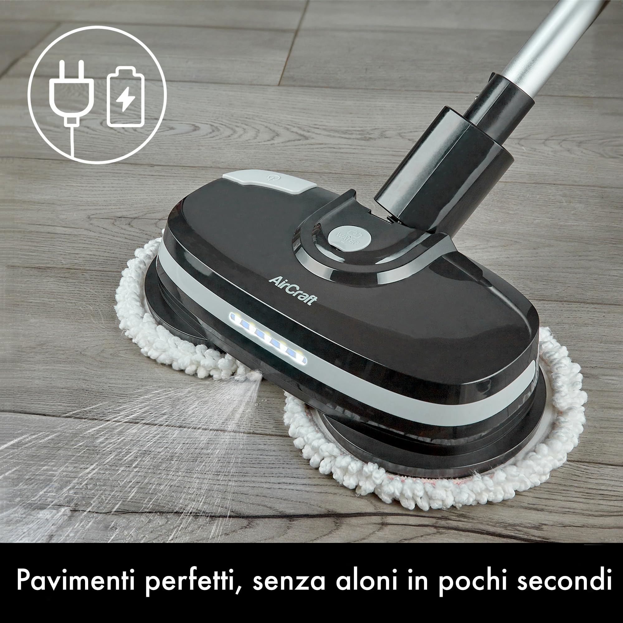AirCraft Home, PowerGlide Lavapavimenti Senza Filo e Lucidatrice Pavimenti con 8 Panni Microfibra, Lavasciuga Pavimenti per Legno, Marmo, Piastrelle e Vinile, Batteria Ricaricabile