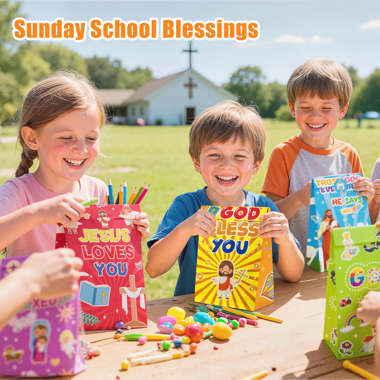 Elunpoe 32 Pack Christian Gift Bags, Bible wrap with Inspirational Stickers, Religious Goodie Bags, Sunday School Church Events Favor Paper Bag, Classroom Activities Decor, Faith Treat wrap for people Easter Christmas Baptism, 4.7" x 3.1" x 8.6"