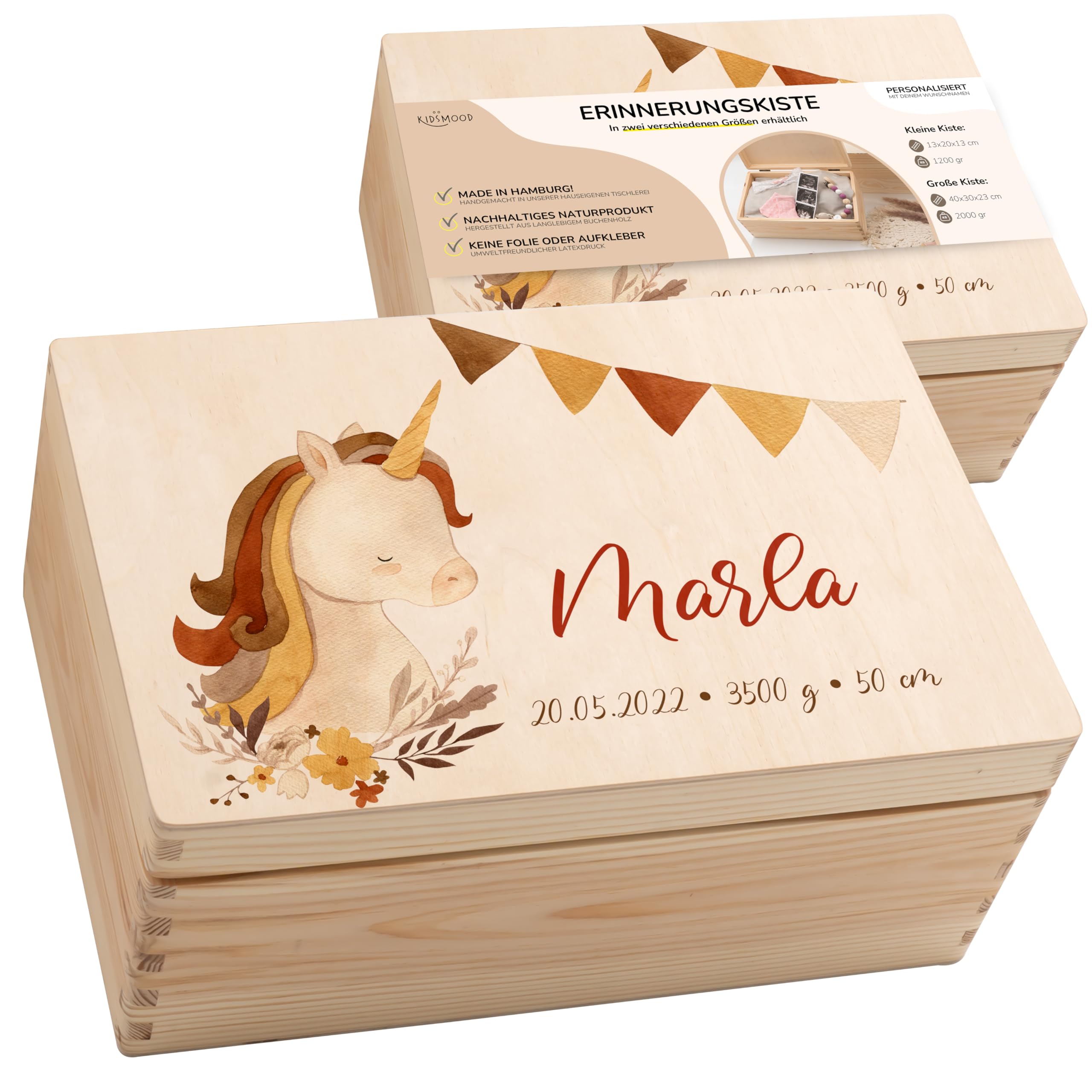 KIDSMOOD - Erinnerungsbox Baby, personalisierte Holzkiste mit Deckel, Ideal zur Aufbewahrung von Erinnerungen und als Geschenk zur Geburt, Taufe oder als Geburtstagsgeschenk für Mädchen und Jungen