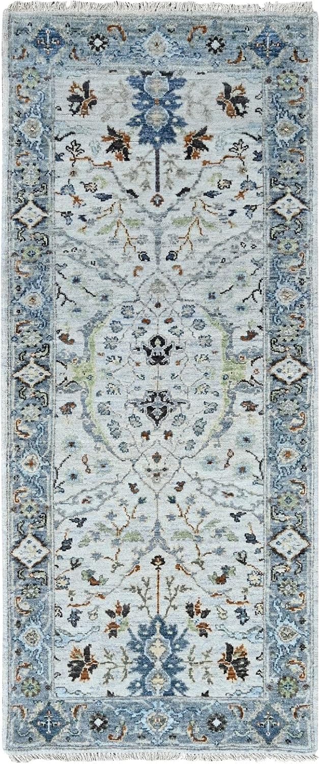 White Oushak with Floral Motif Hand Knotted Pure Wool Runner Oriental Rug (2'5"x5'10")