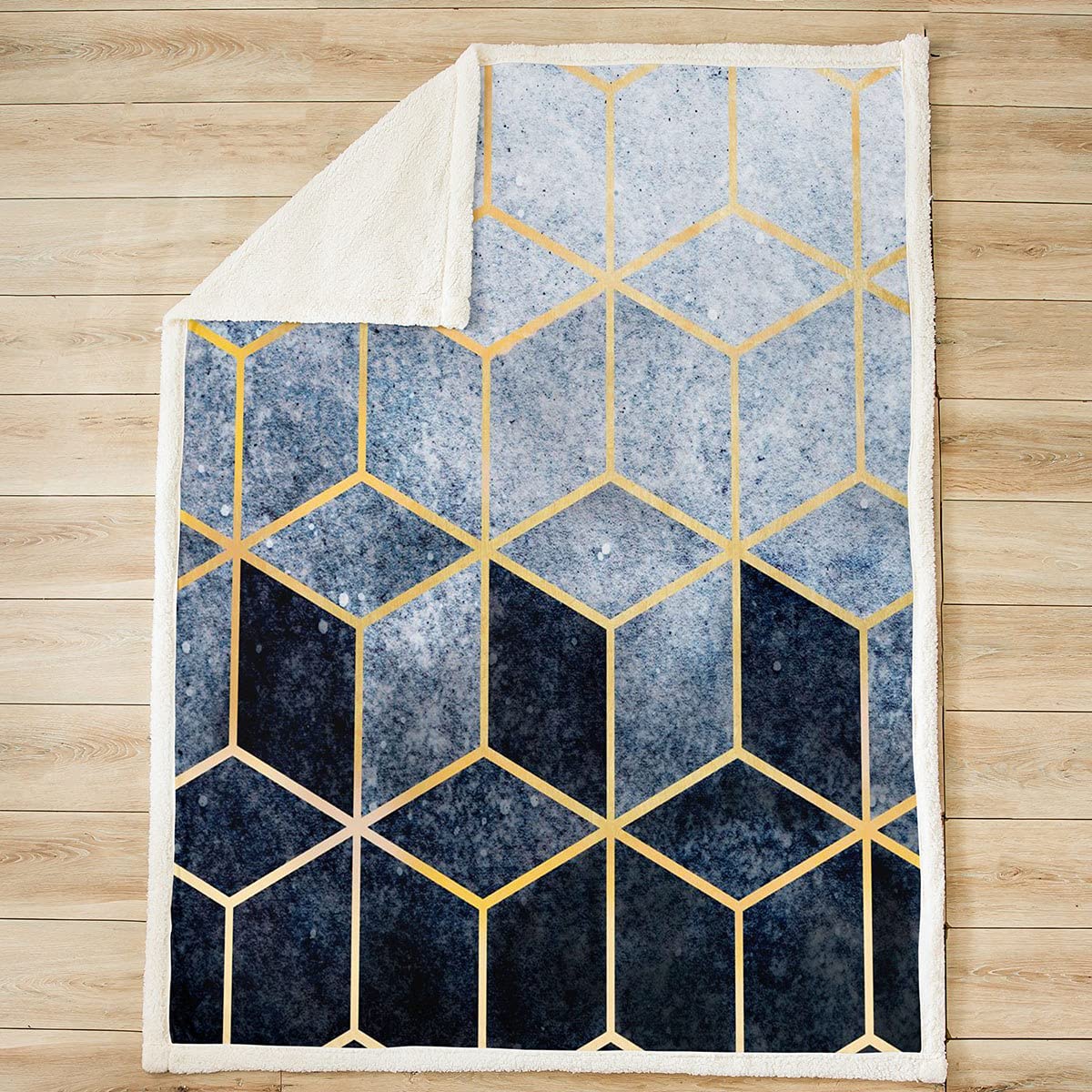 Coperta Sherpa in marmo con motivo geometrico, in pile ombre, coperta in peluche, per ragazzi, ragazze, bambini, blu e argento, per divano letto, 200 x 200 cm