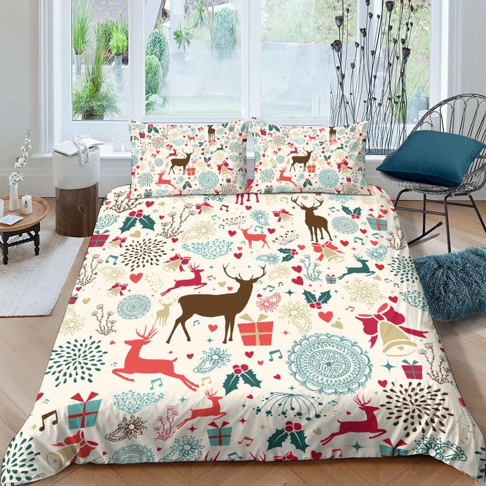 Ctjqhvkz Style-6 3D Printed Christmas Reindeer Fitted Sheet Microfiber Soft Festive Forest Bed Cover For Bedroom Guest Room Single（135X200cm）