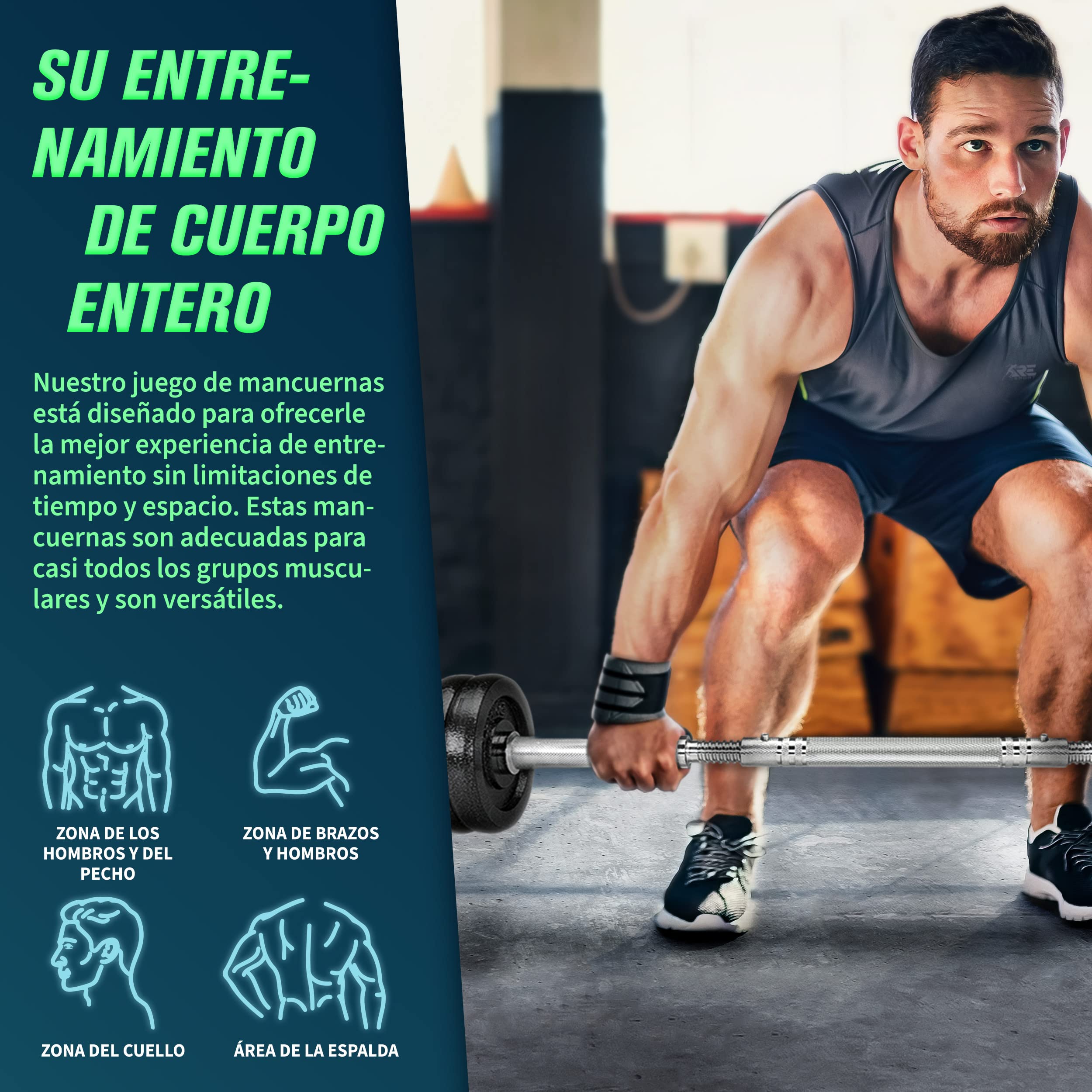 RE:SPORT Mancuernas Ajustables 15-30kg - Pesas y Mancuernas de Hierro Fundido con Barra y Discos para Culturismo, Aptitud, Halterofilia, Ejercicios de Gimnasio Doméstico