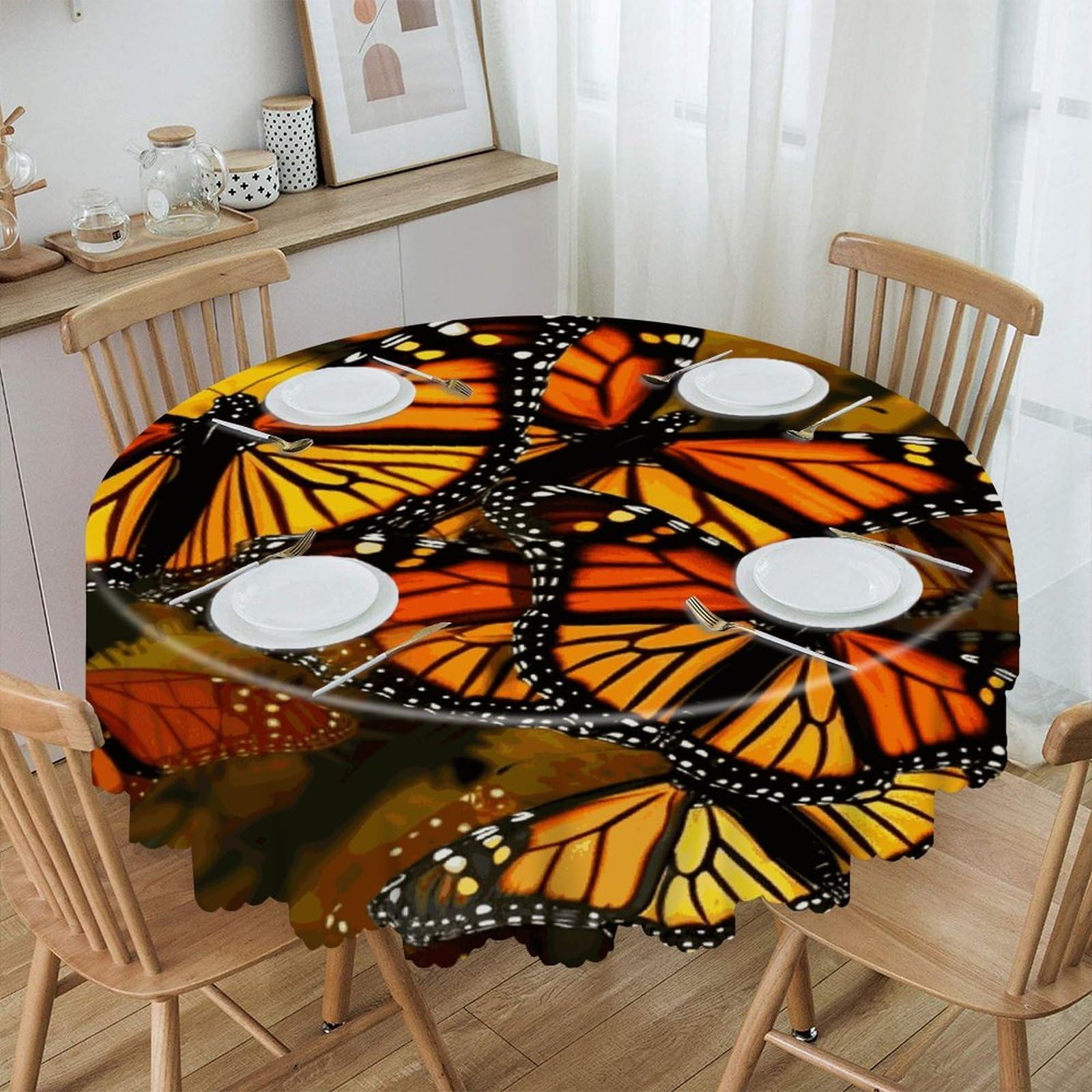 JTREHY Monarch Butterflies Round Tablecloth 60 Inch Water Resistant Spill Proof Washable Polyester Table Cloth Wipeable Washable Table Cover for Buffet Tables Holiday Party Dinner