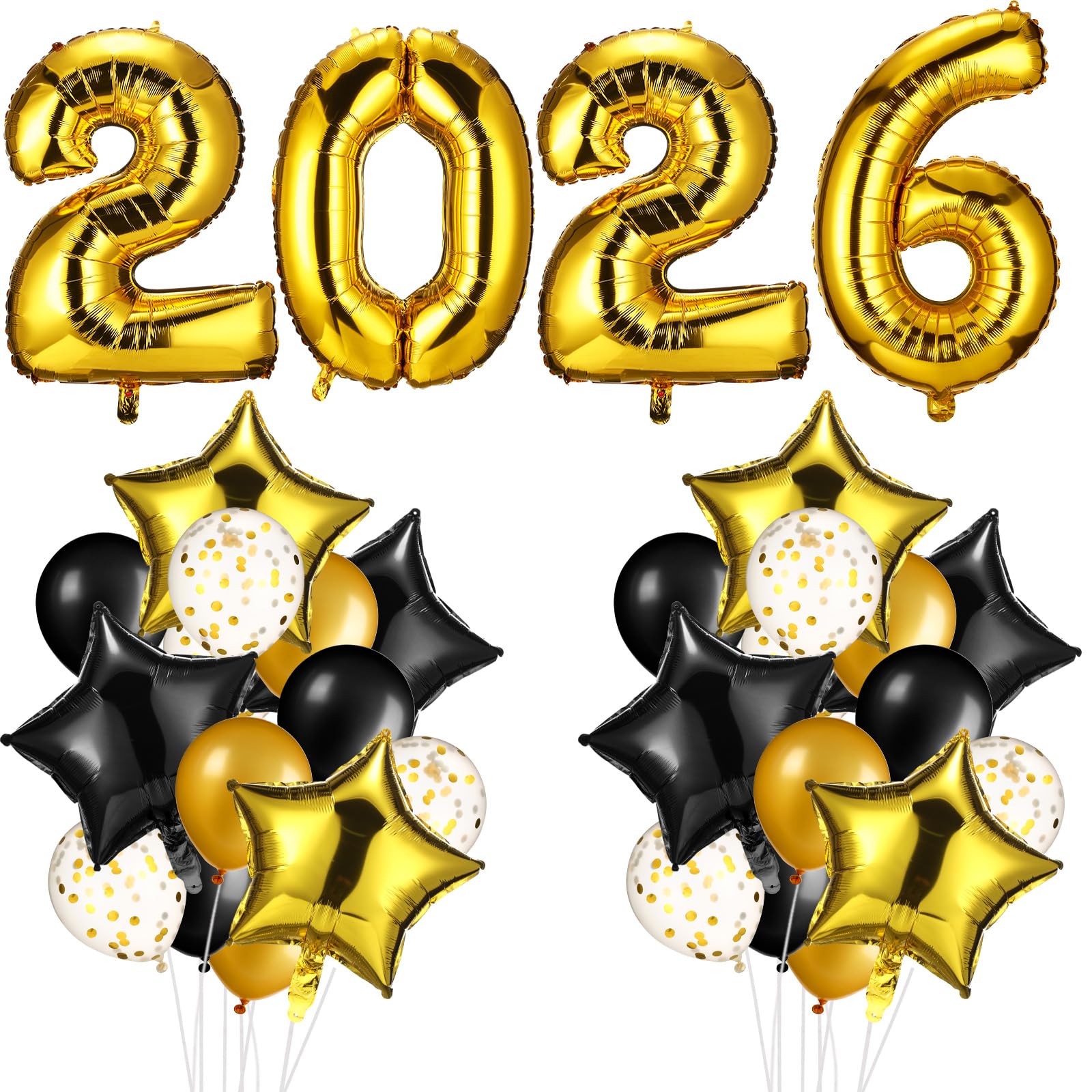 MiniInflat 28 Pack Happy New Year 2026 Balloons Decorations with Gold Balloon 2026 Black Gold Star Balloon Foil Confetti Balloons Ribbon and Straw for